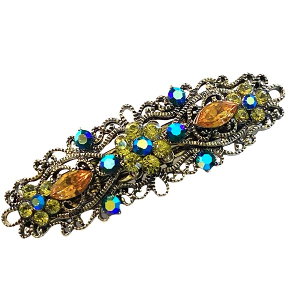 Antique Gold Tone Floral Crystal Barrette - Picture 1 of 4